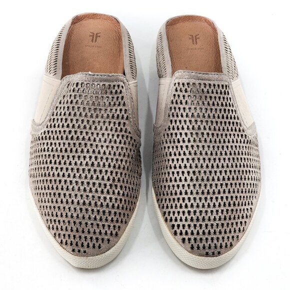 FRYE Melanie Silver Metallic Leather Perforated Mules Flat Breathable - Picture 1 of 8
